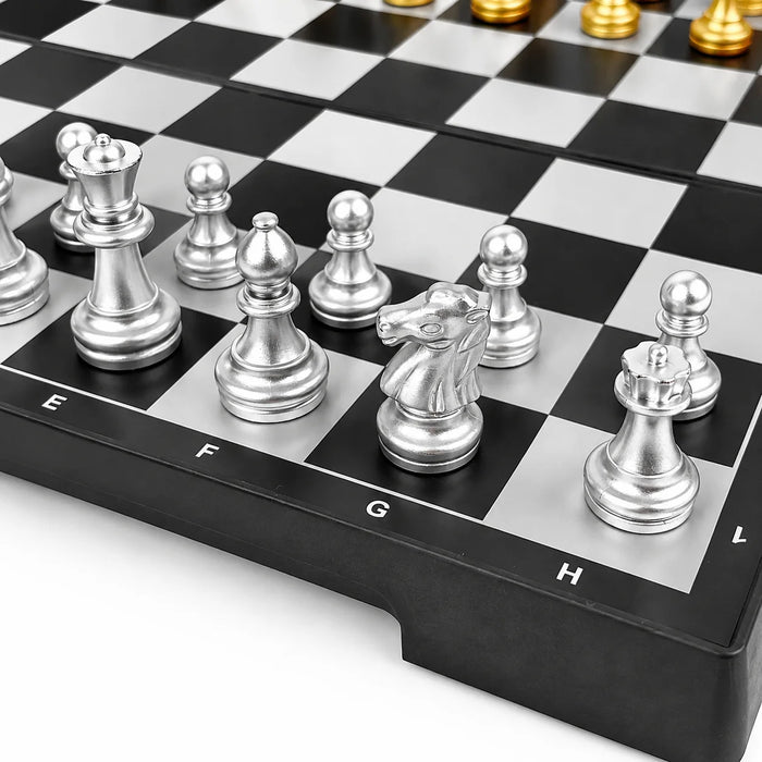 19 x 19cm Folding Magnetic Chess Set — Gold & Silver with Carry Box