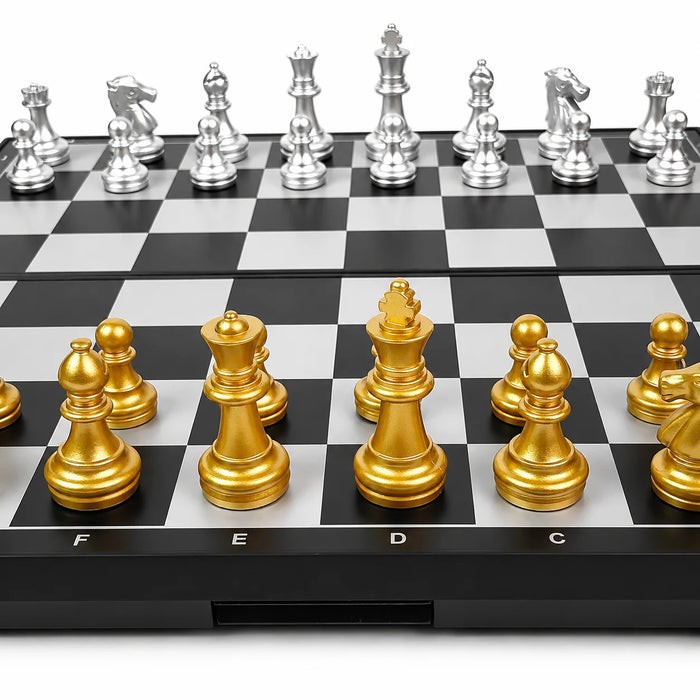 19 x 19cm Folding Magnetic Chess Set — Gold & Silver with Carry Box
