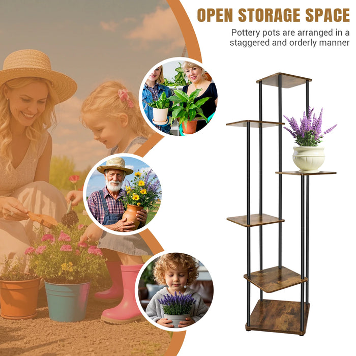 6-Tier Corner Plant Stand — Metal Frame with Wooden Shelves for Indoor & Outdoor