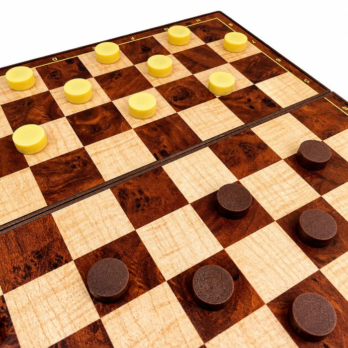 2-in-1 Folding Magnetic Chess & Checkers Set — 19x19cm Wood-grain Board with Carry Box
