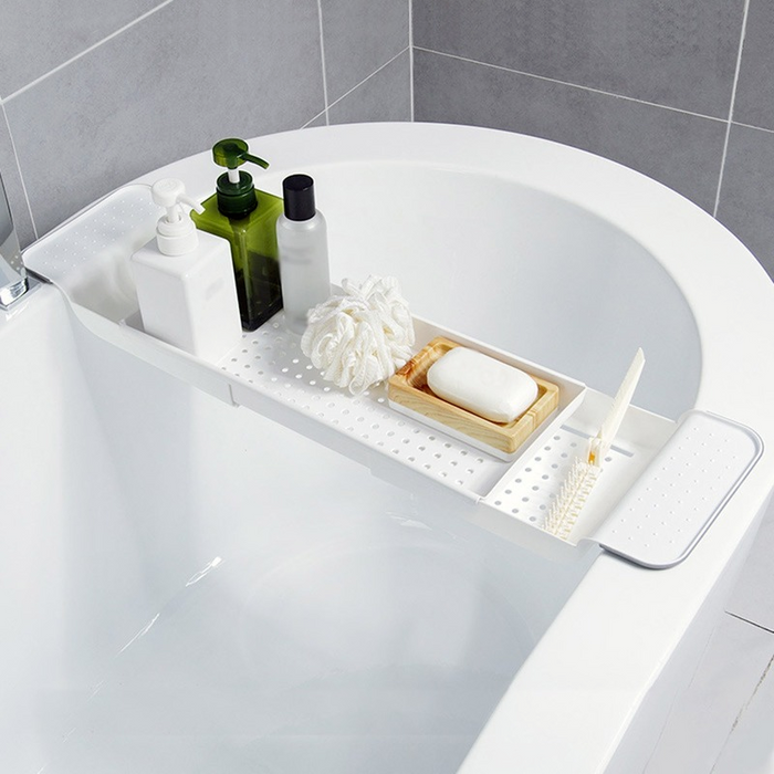 Extendable Bathtub Shelf Tray — Shower Caddy, Book & Towel Holder