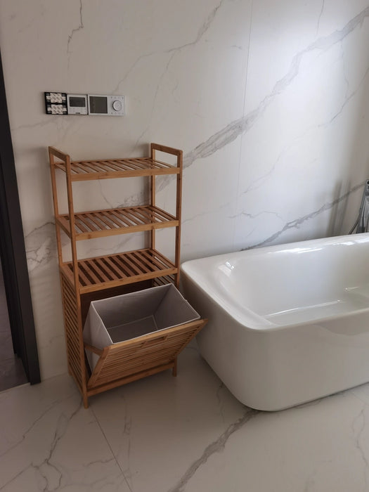 Adjustable Bamboo Laundry Hamper & Bathroom Rack with Pull-Out Shelves