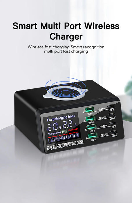 110W 8-Port USB Charging Station — 45W PD USB-C, QC3.0 & 15W Wireless (GaN)