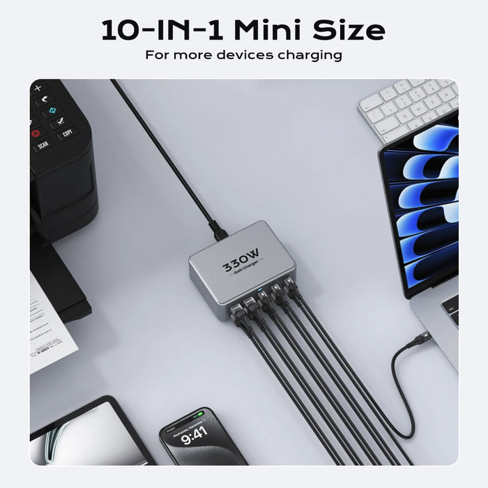 330W 10‑Port GaN USB‑C Charger — Dual 100W PD3.0/PPS Fast Charging Station