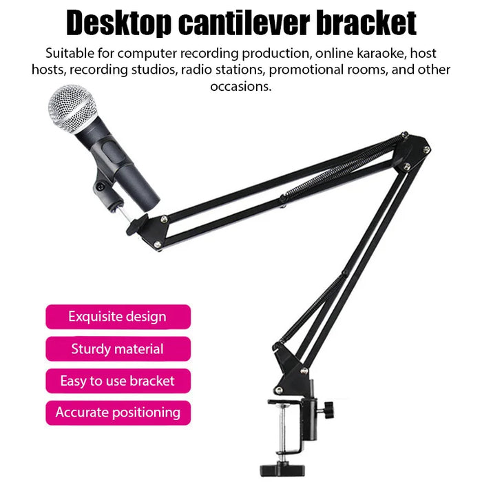 Adjustable Scissor Arm Microphone Stand — Desktop Clip, Tripod & Extendable Bracket