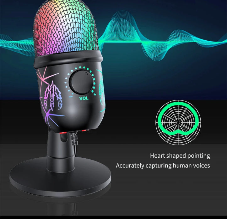 USB Gaming Condenser Microphone with Headphone Jack, LED & Noise Reduction
