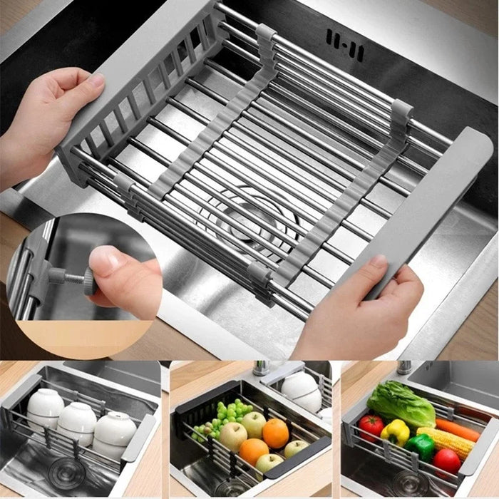 Adjustable Stainless Steel Extension Sink Rack — Foldable Dish & Fruit Drainer