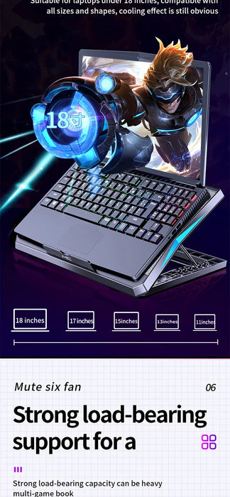 Q3 Six-Fan Adjustable Laptop Cooler — Silent Air-Cooled Stand for 10–17-inch Laptops