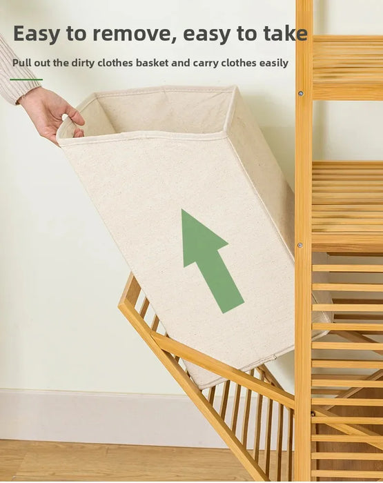 Adjustable Bamboo Laundry Hamper & Bathroom Rack with Pull-Out Shelves