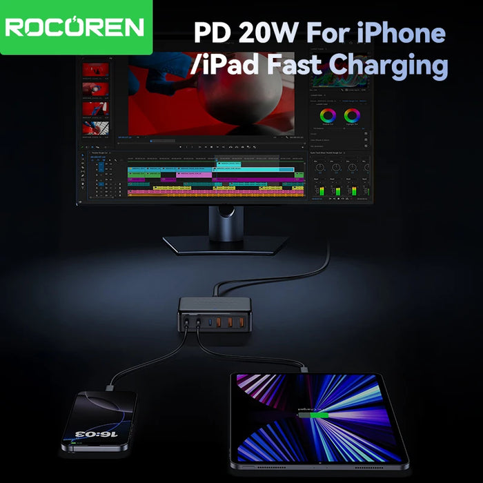 100W GaN 6-Port USB Charger — 3x USB-C & 3x USB-A (UK plug option)