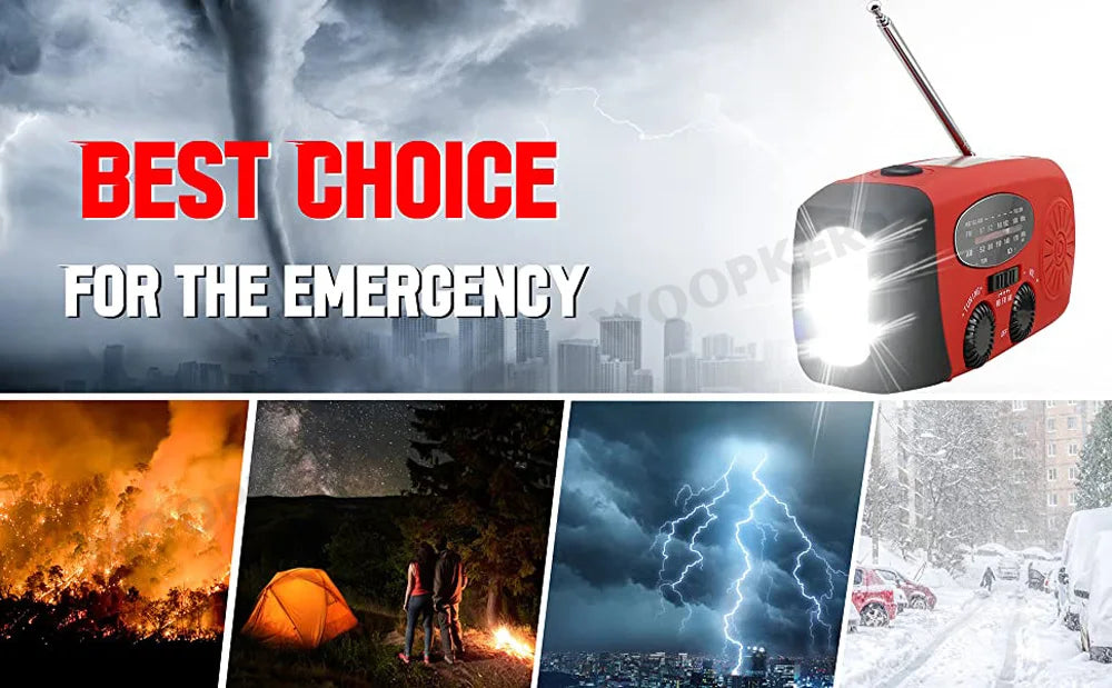 Mini Solar Crank Radio — AM/FM & 7‑Channel NOAA, USB Phone Charger, 3‑LED Torch, Waterproof