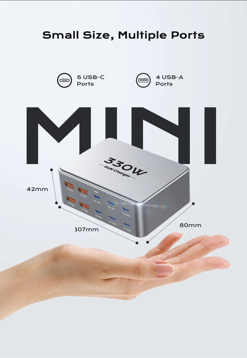 330W GaN 10‑Port USB Charger — 2×100W USB‑C, PD3.0/PPS/QC3.0, for MacBook Pro & iPhone 15/16