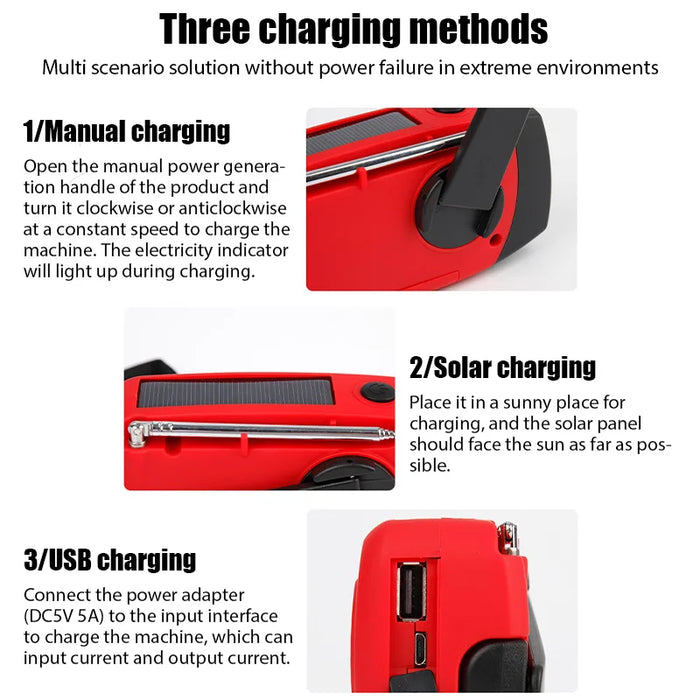 Portable Hand-Crank Solar Emergency Radio — NOAA/AM/FM with LED Torch & Power Bank (Red)