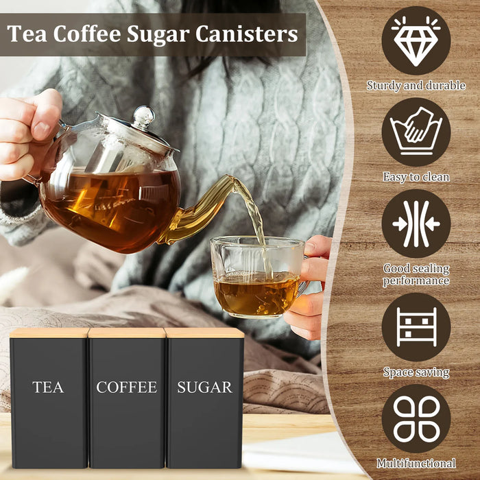 3‑Piece 1 L Coffee, Tea & Sugar Canisters with Airtight Bamboo Lids — Metal Storage Jars