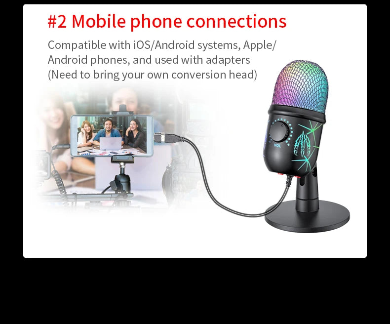 USB Gaming Condenser Microphone with Headphone Jack, LED & Noise Reduction