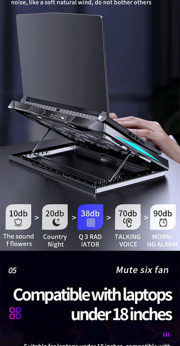 Q3 Six-Fan Adjustable Laptop Cooler — Silent Air-Cooled Stand for 10–17-inch Laptops