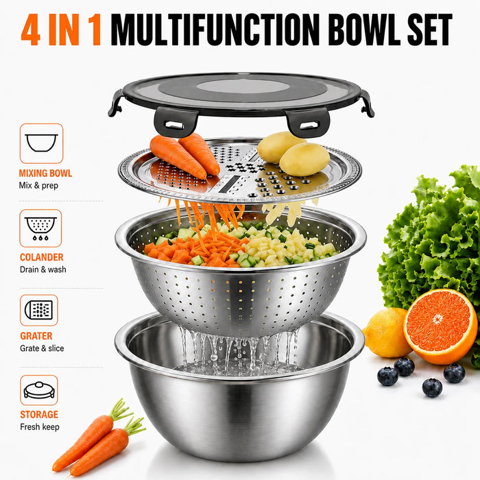 4-in-1 Stainless Steel Mixing Bowl Set – Grater Lid, Colander & Airtight Cover (Stovetop Safe)