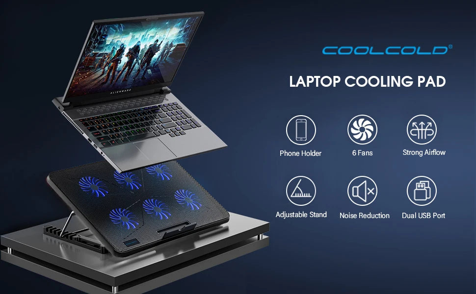 15.6–17.3 inch Laptop Cooling Pad — 6 Quiet Fans, 7-Position Adjustable Stand & Phone Holder
