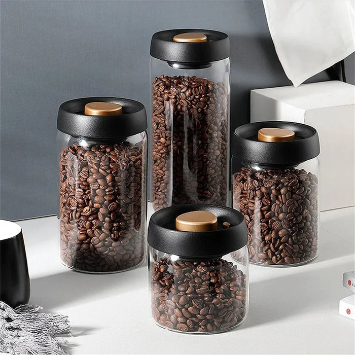 Glass Coffee Bean Storage Jar with Press-Down Vacuum Lid – Airtight Food Canister