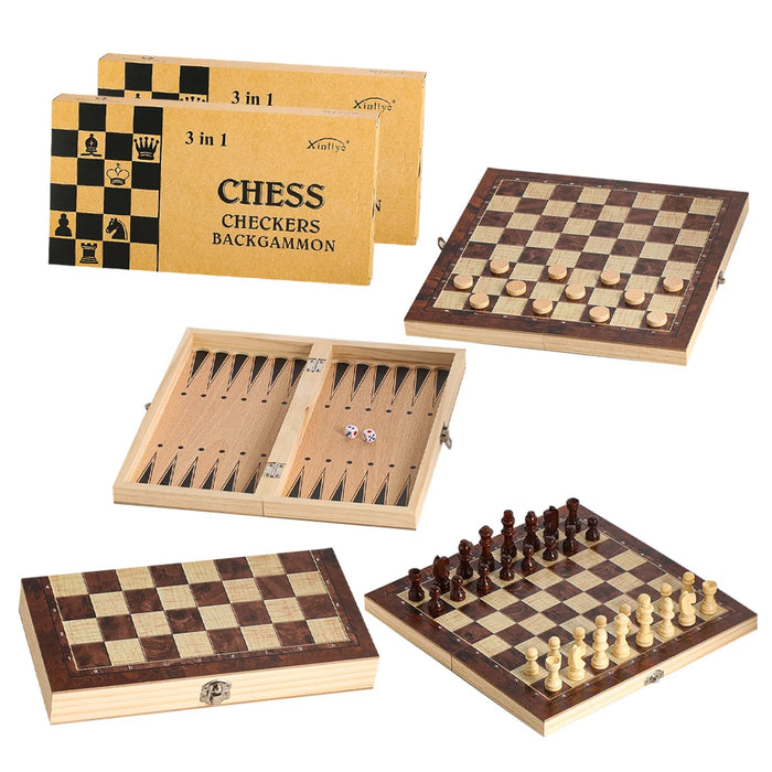 Wooden 3‑in‑1 Chess, Checkers & Backgammon Set – Foldable Travel Board