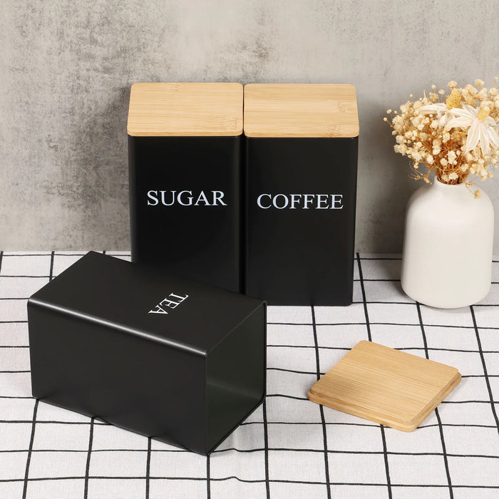 3‑Piece 1 L Coffee, Tea & Sugar Canisters with Airtight Bamboo Lids — Metal Storage Jars