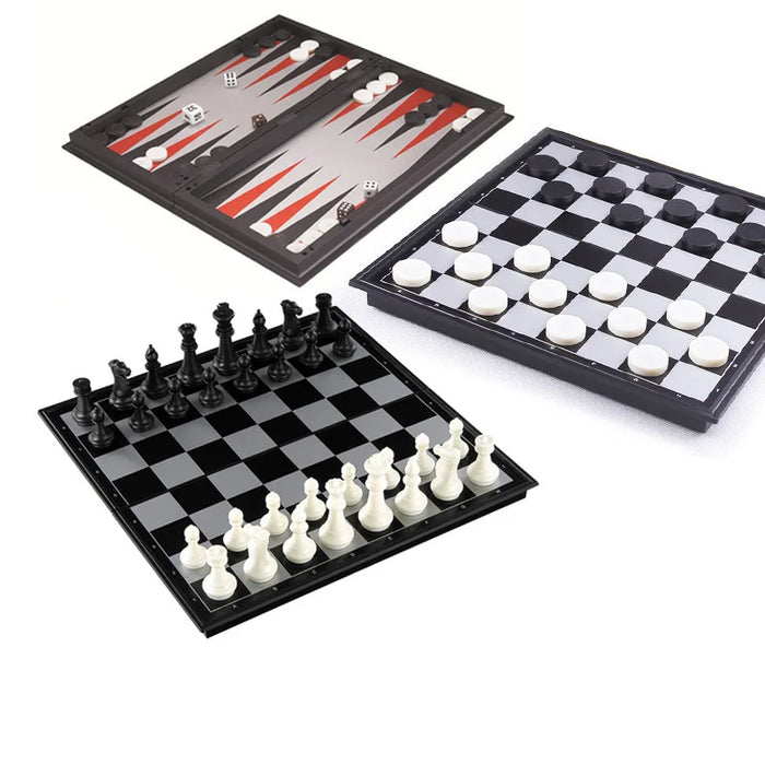 25cm Foldable Magnetic 3-in-1 Game Board — Chess, Checkers & Backgammon