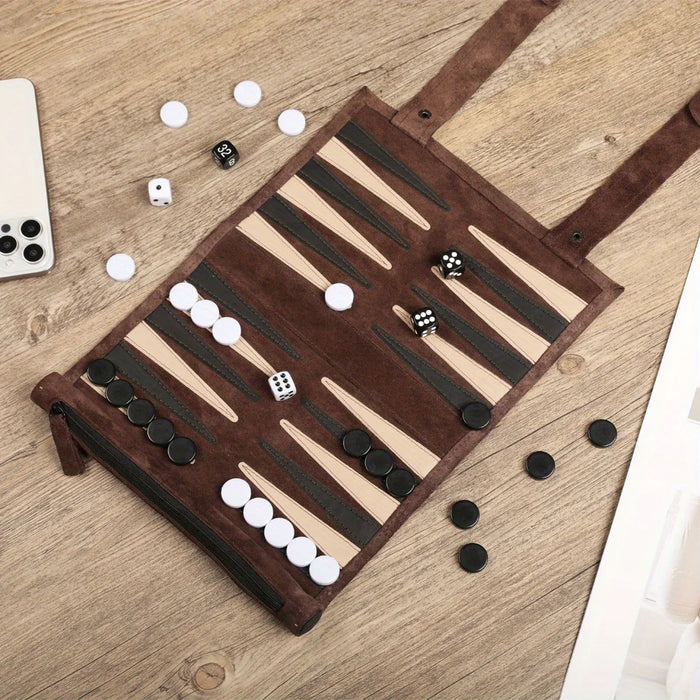 Portable Leather Backgammon Storage Bag with Lightweight Foldable Board