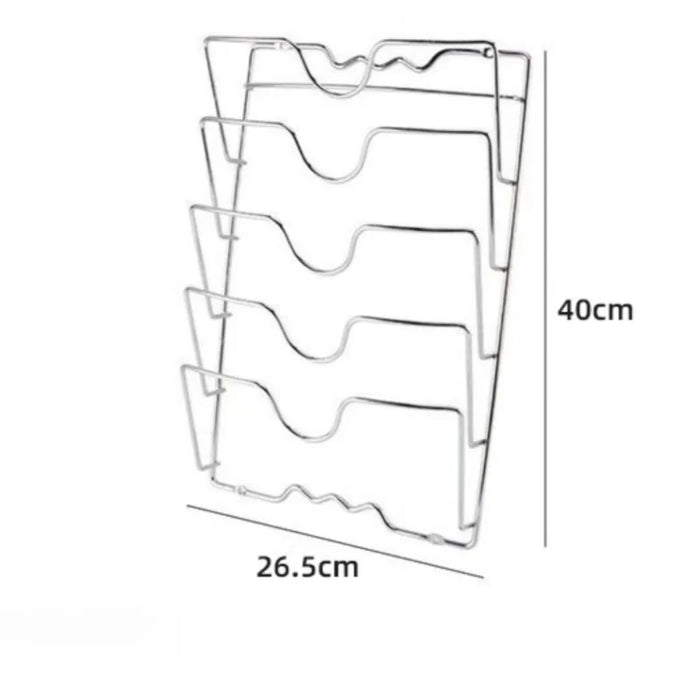 Five-Layer Wall-Mounted Pot Lid Rack — Iron Wire, Rust-Free, Silver