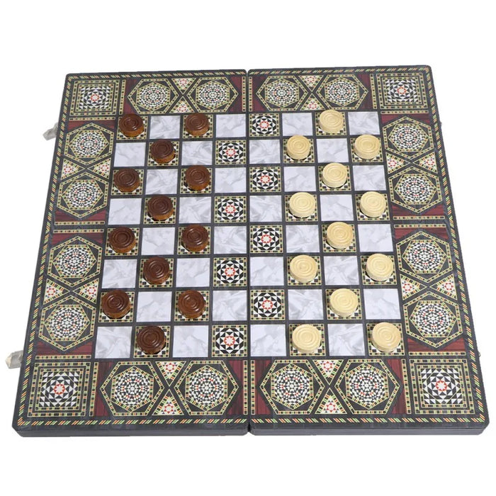 Luxury Knight 3-in-1 Wooden Foldable Game Board — Chess, Checkers & Backgammon