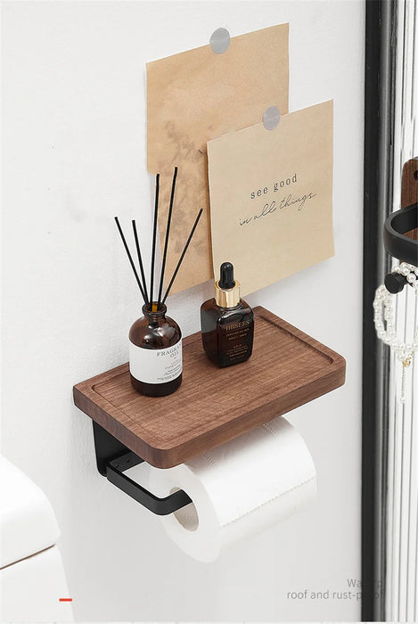 Wooden Toilet Roll Holder with Shelf — Wall-mounted, Rustproof Matt Black