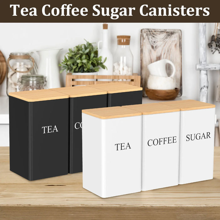 3‑Piece 1 L Coffee, Tea & Sugar Canisters with Airtight Bamboo Lids — Metal Storage Jars