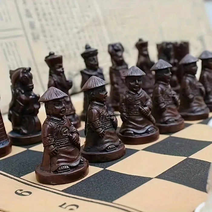 Retro Resin Chess Set with Qing Dynasty 3D Pieces — 28cm (11in) Board