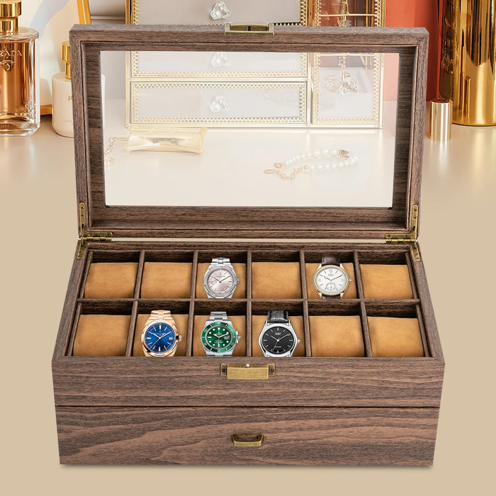 24-Slot Watch Box — Brown PU & Wood Display Case with Glass Lid