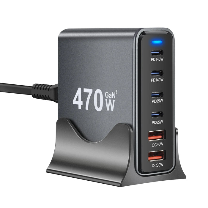 470W 6‑Port GaN Desktop Charger — 4C+2A USB‑C PD Fast Charge for Phones, Tablets & Laptops