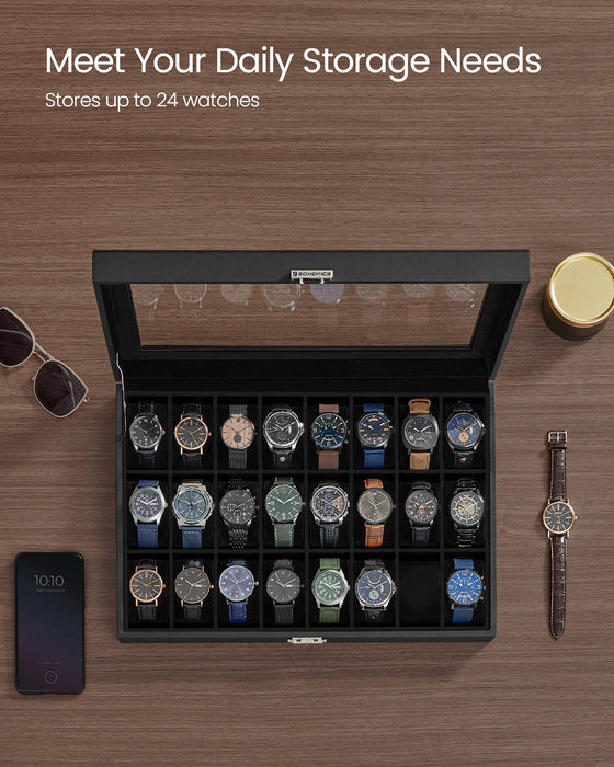 Lockable Watch Box – 24 Slots with Glass Lid, Velvet-Lined Storage Case