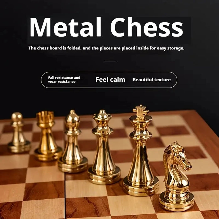 Deluxe 30cm Folding Wooden Checkerboard Set with Weighted Zinc Alloy Pieces