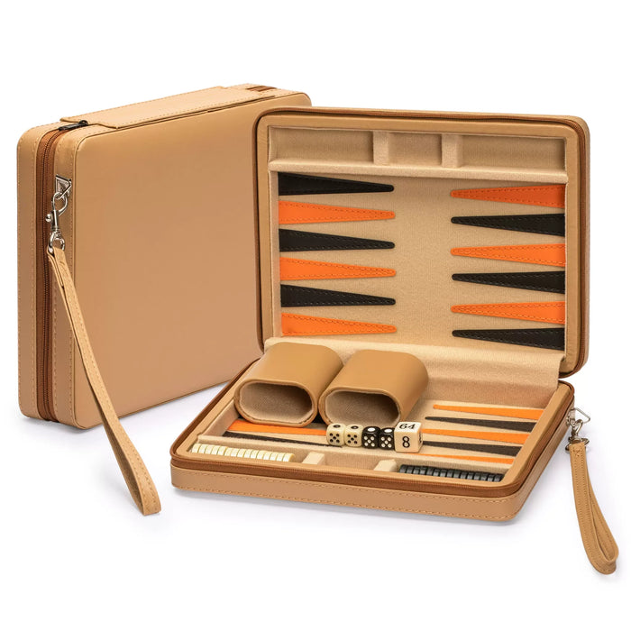 Travel Chess & Backgammon Set with Acrylic Pieces in Leather Case, 25 x 19 x 6 cm
