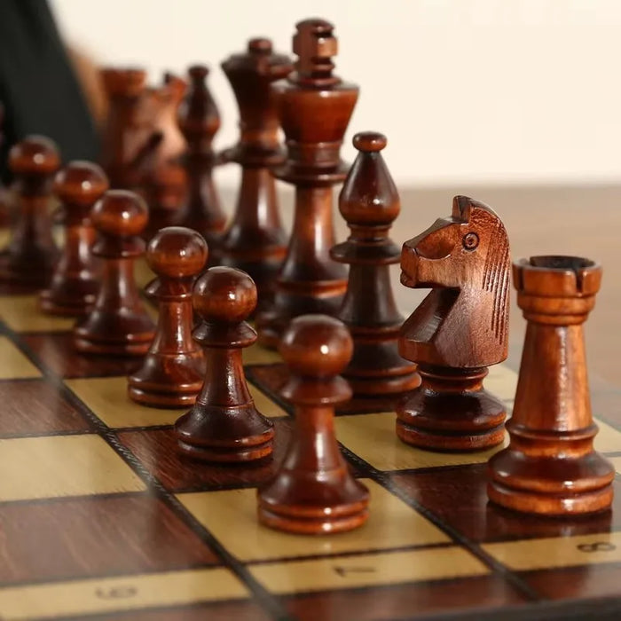 Magnetic Wooden Chess, Checkers & Backgammon Set — Foldable Travel Board with Extra Queens