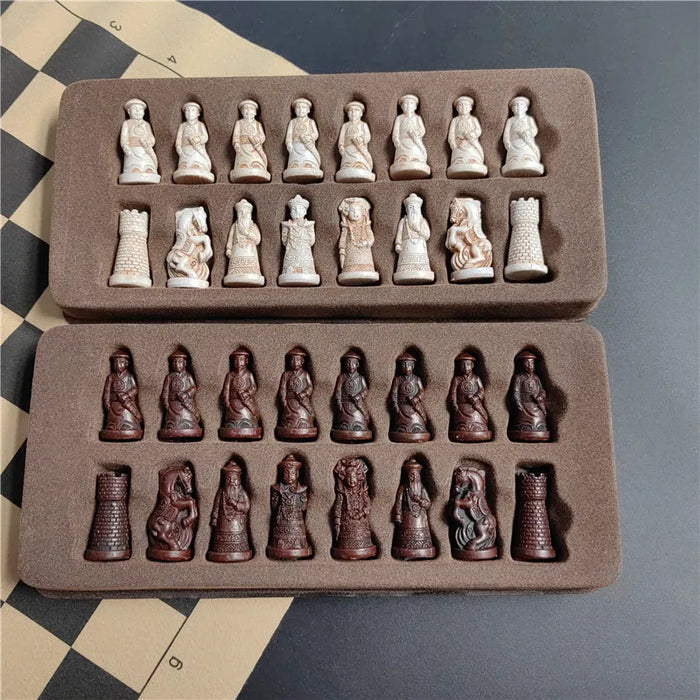 Retro Qing Bing Resin Chess Set with Velvet Board — 28cm Compact Game