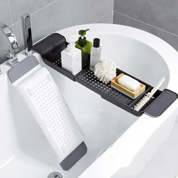 Expandable Bathtub Tray Caddy with Non-Slip Pads — Sturdy PA+PE Bath Tray (Grey, White, Black)