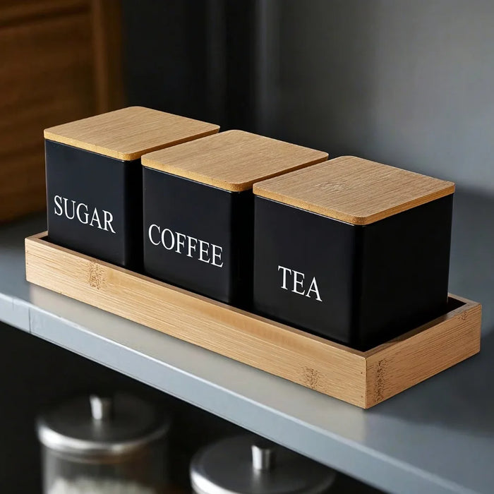 Set of 3 Metal Canisters with Bamboo Lids — 500ml (Coffee, Tea, Sugar)