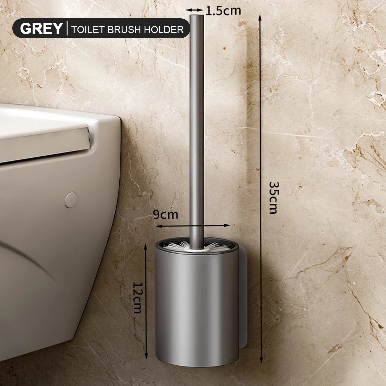 Long‑Handle Aluminium Toilet Brush with Wall‑Mounted Holder — White, Grey or Black