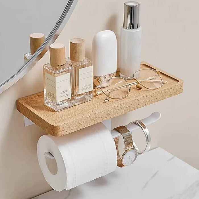 Stainless Steel Toilet & Tissue Roll Holder with Phone Shelf — I/H Style, Black or White