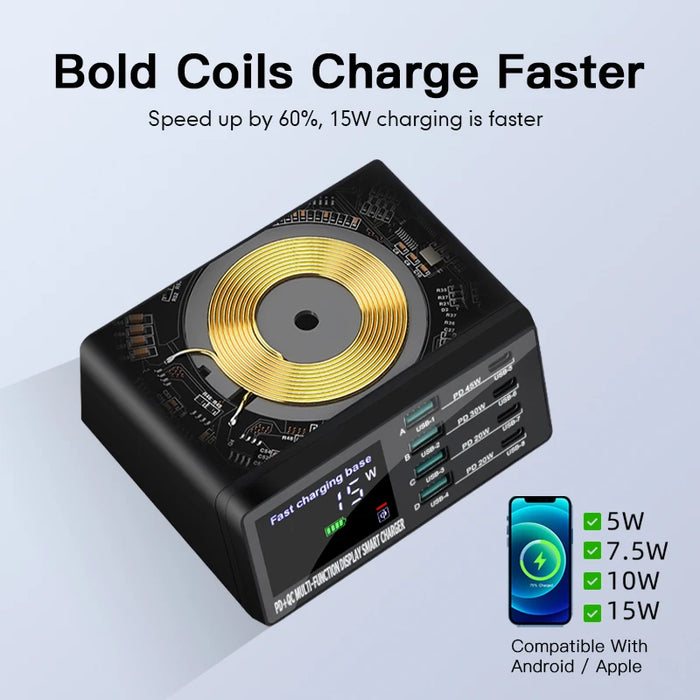 110W 8-Port USB Charging Station — 45W PD USB-C, QC3.0 & 15W Wireless (GaN)