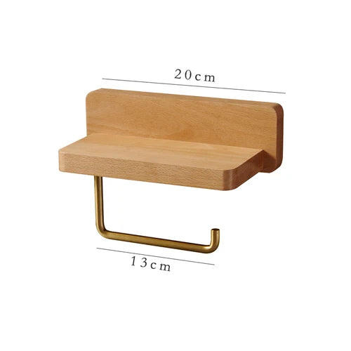 Wall-Mounted Toilet Roll Holder with Shelf — Brass & Wood, Stainless Steel