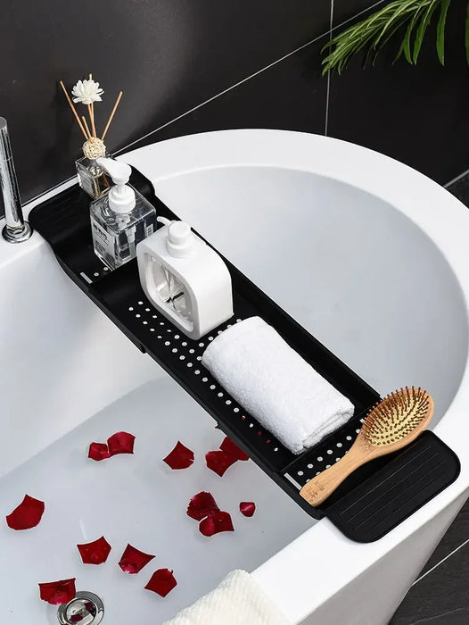 Extendable Bath Tray — Adjustable Bathtub Shelf, Towel & Book Holder (White or Black)