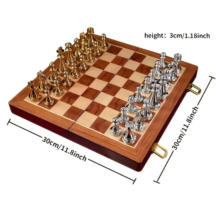 Deluxe 30cm Folding Wooden Checkerboard Set with Weighted Zinc Alloy Pieces