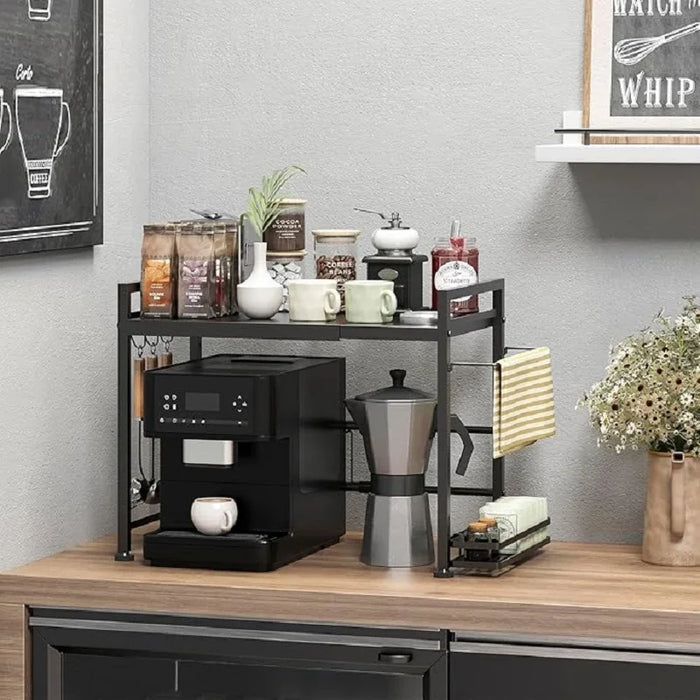 Rustproof Adjustable Kitchen Storage Rack 40–60cm with Hooks — Space‑saving Microwave Shelf