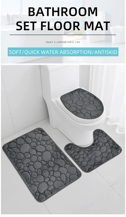 Three‑Piece Stone‑Pattern Microfibre Bathroom Mat Set — Water‑Absorbent & Non‑Slip