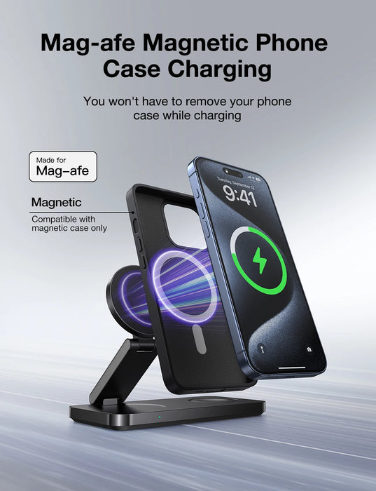 Magnetic 3-in-1 Foldable Fast Wireless Charger Stand for iPhone, Apple Watch & AirPods
